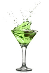 Green alcohol cocktail with splash isolated on white