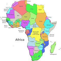 Fototapeta premium Color map of Africa with countries on a white background
