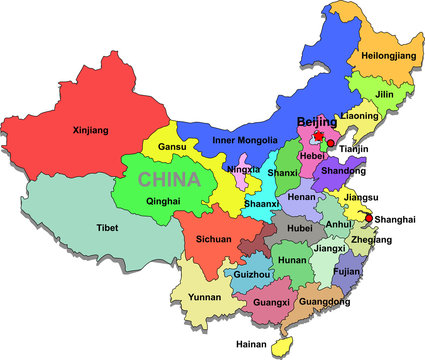 Color map of China with regions on a white background