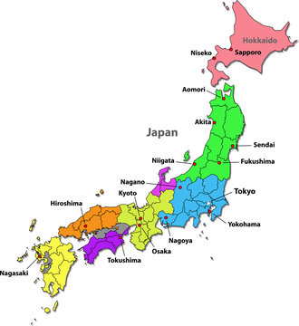 Color map of Japan with regions on a white background
