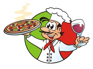 Tableaux ronds sur aluminium Doodle Pizza &amp  Vin Rouge