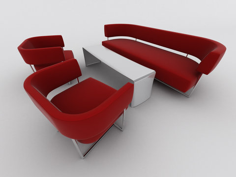 Red sofa and armchairs