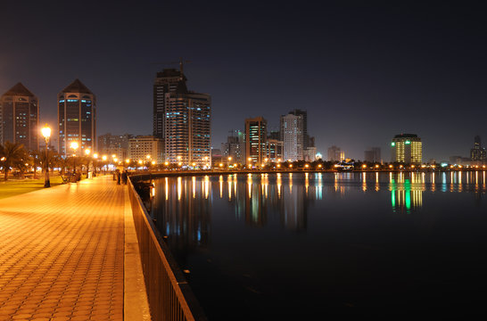 Sharjah Creek Promenade at night United Arab Emirates