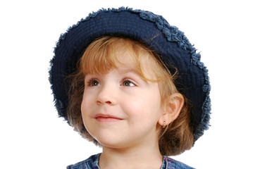 little girl with blue jeans hat