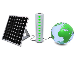 Earth, solar panel and battery