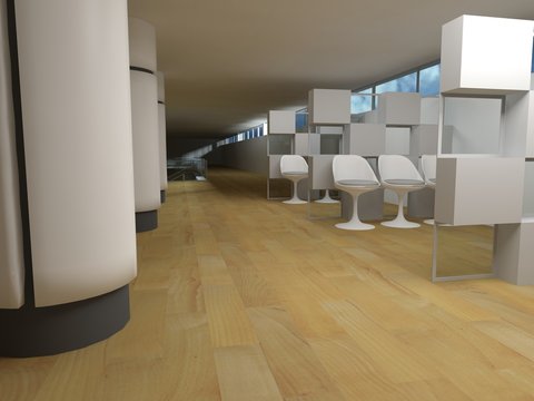 Hospital waiting room, conceptual architecture, clean space.
