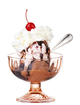 Hot Fudge Sundae On Strawberry And Chocolate Ice Cream