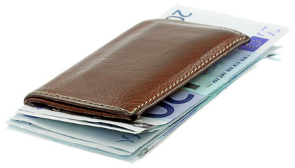 billets 20 euros, porte-cartes cuir, fond blanc