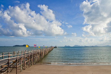 Fototapeta premium Wood jetty in southern Thai sea, Chumporn province, Thailand