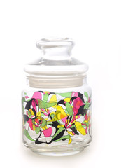 airtight glass colorful container white background