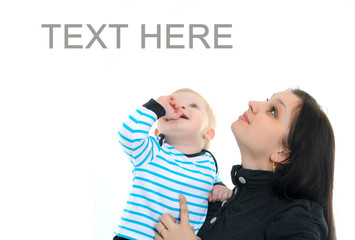 mother and son stand look up