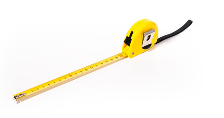 Yellow measuring tape over white background