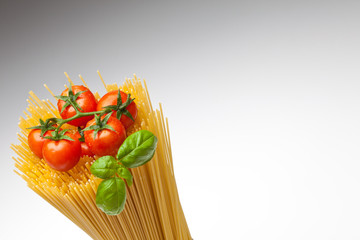 Close up of basic ingredients for italian pasta. Copyspace.