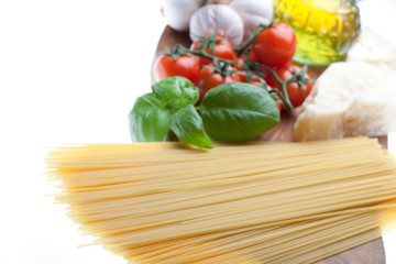 Arrangement of the basic ingredients for italian spaghetti.