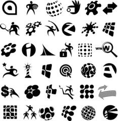 Collection of black and white icons and logos