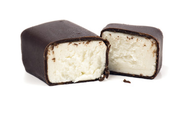 Broken Cottage cheese rod with chocolate isolated on white