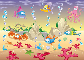 Naklejka na ściany i meble Rodzina zwierząt morskich w morzu. Ilustracji wektorowych