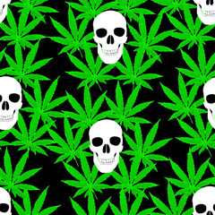 Seamless pattern with cannabis leafs and skulls