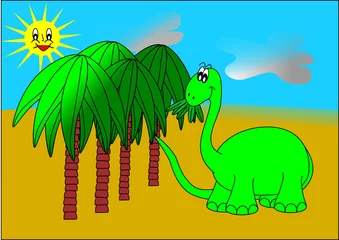Fotobehang Dinosaurus Dinosaurus en palmbomen