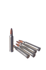 Five rifle cartridges isolated on white background