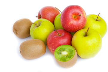 red and green apples, kiwi fruit isolated on a white background
