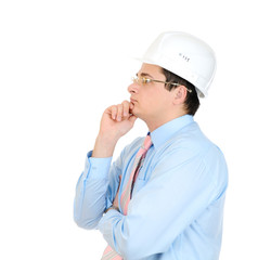 An engineer with white hard hat isolated on white