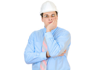 An engineer with white hard helmet