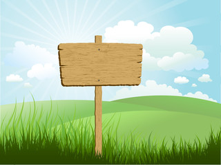 Wooden sign in grass