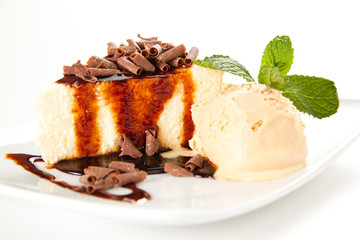 cheesecake  with ice cream and chocolate