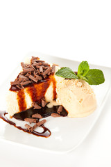 cheesecake  with ice cream and chocolate