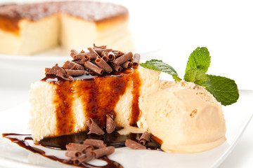 cheesecake  with ice cream and chocolate