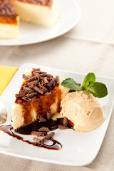 cheesecake  with ice cream and chocolate