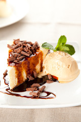 cheesecake  with ice cream and chocolate