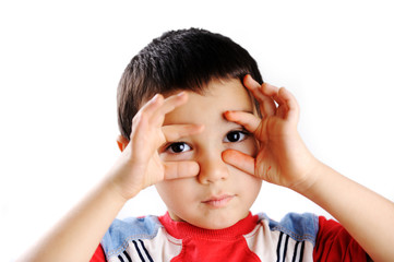 Funny boy pointing the finger a over white background