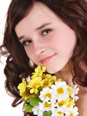 Beautiful girl with wild flower. Isolated.