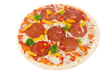 pizza with salam and vegetables