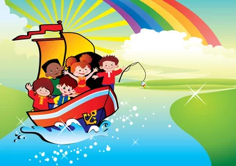 Stof per meter Kinderen drijvend door een boot. Gelukkige jeugd. © Tetiana Nikonorova