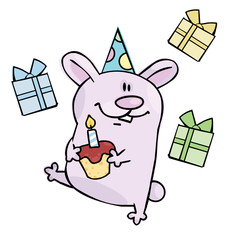 Bunny with a cake goes to a birthday party