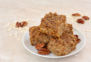 Healthy, homemade pecan oatmeal snack bars.