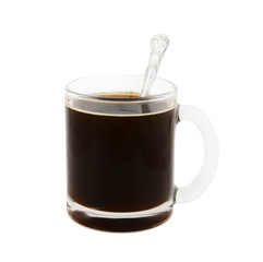 Glass cup of coffee with teaspoon isolated on white