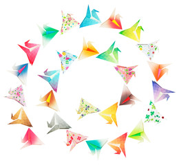 Paper folded birds isolated and arranged in a spiral shape