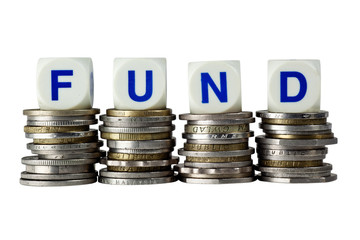 Stacks of coins with the word FUND isolated on white