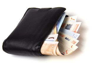 Money in leather  purse isolated on white  background