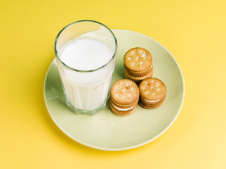 Plate of milk cream filled shortcake and a glass of milk