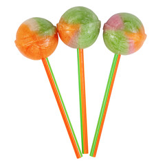three multicolor lollipop candy isolated