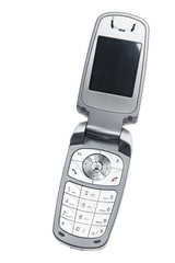 Used silver cellular mobile telephone on a white background