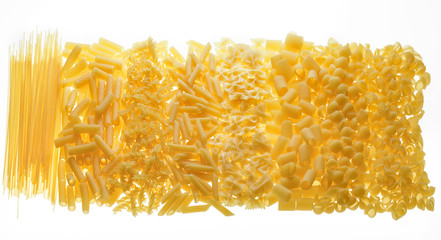 Assorted pasta: farfalle, rotini, macaroni, conchiglie...