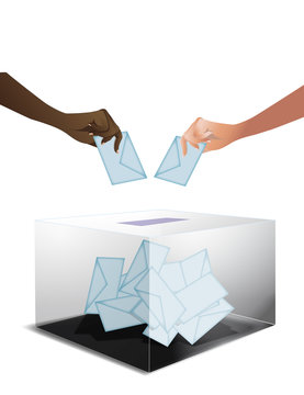 Urne et mains qui votent sur fond blanc