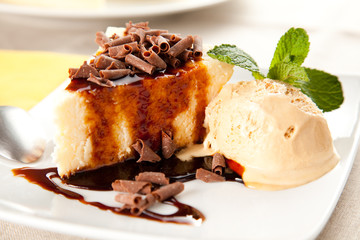 cheesecake  with ice cream and chocolate