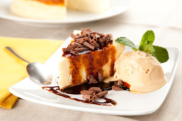 cheesecake  with ice cream and chocolate